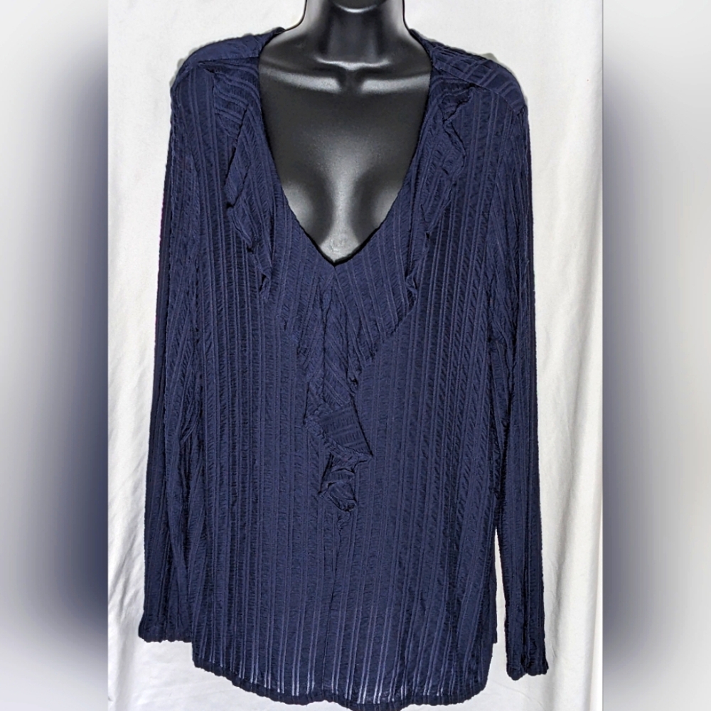 Women's Banana Republic Semi Sheer Navy Long Sleeve V-neck Ruffle‎ Shirt| Size L